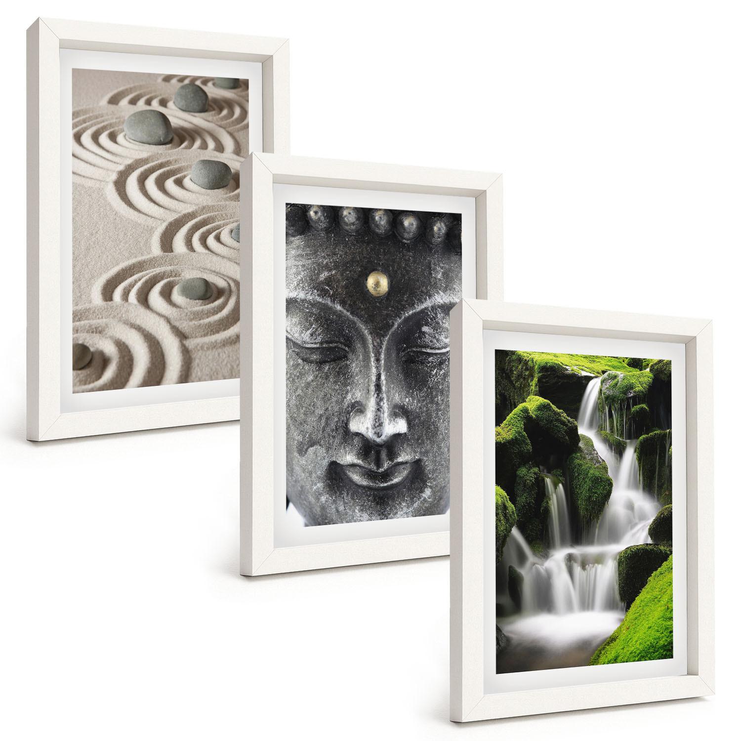 BILDER SET 3er Set - 20x30 cm Weißer Rahmen - Der Frieden der Steine des Buda Zen-Wasserfalls - Weiß, Kunststoff (20/30cm) - TULUP
