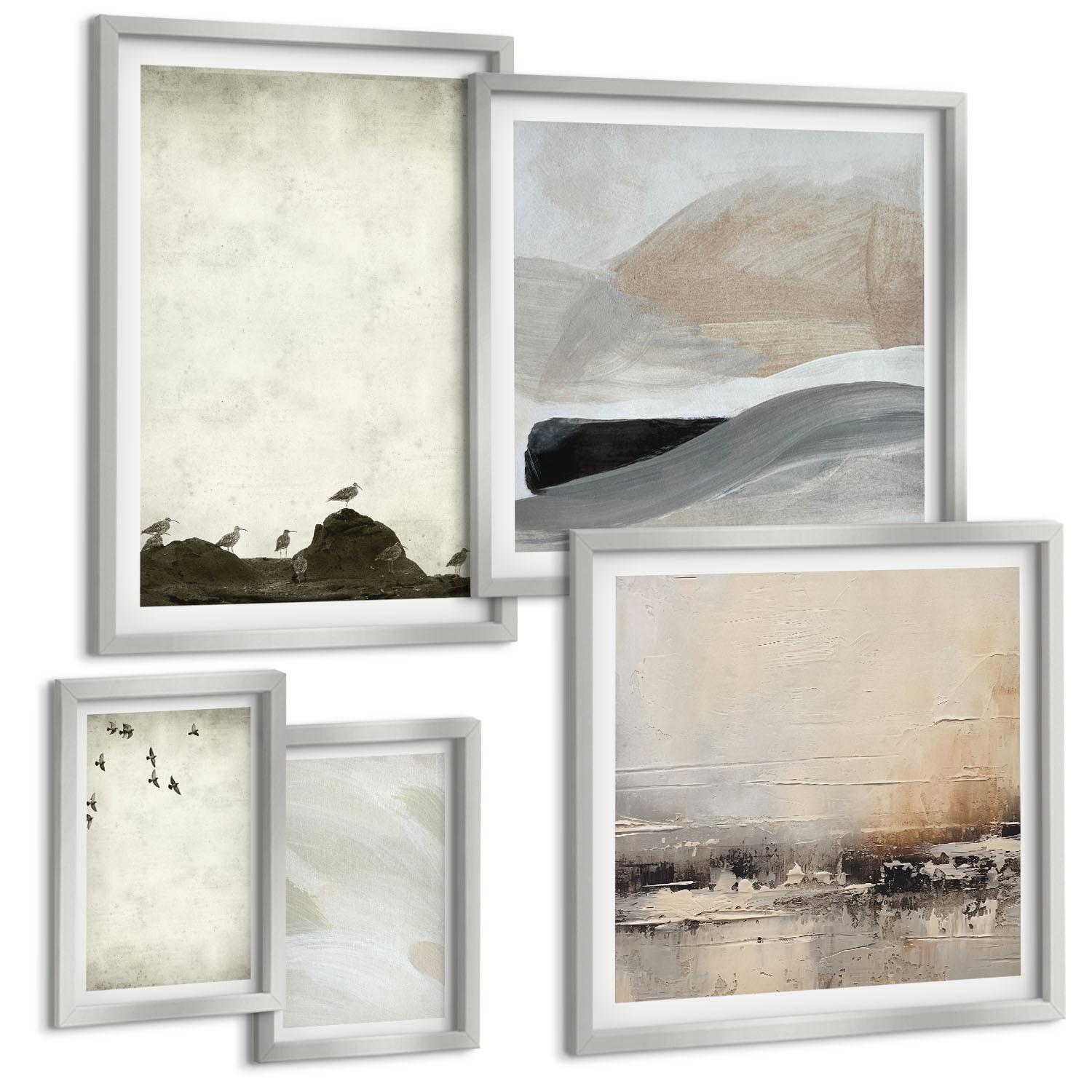 BILDER SET 5er Set - 50x50 cm & 20x30 cm & 40x60 cm Silberner Rahmen - Vögel, Steine, Pinselstriche, Verzierungen - Silberfarben, Kunststoff (40/60cm) - TULUP
