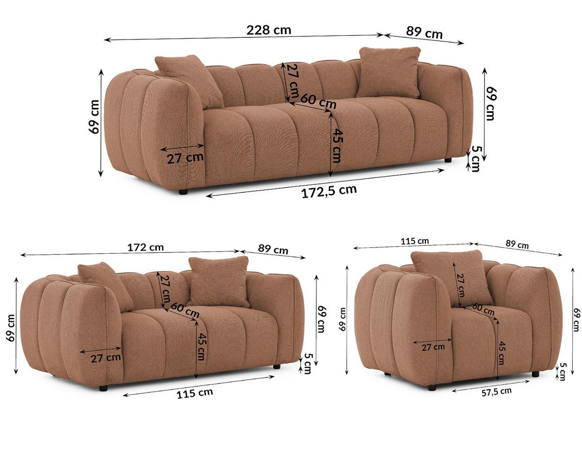 SITZGARNITUR 3+2+1 Nubira in tief gesteppter Bubble-Optik aus weichem Terrakotta Strukturstoff im modernen Design - Terracotta/Schwarz, Holz/Kunststoff (228/69/89cm) - S-Style Möbel
