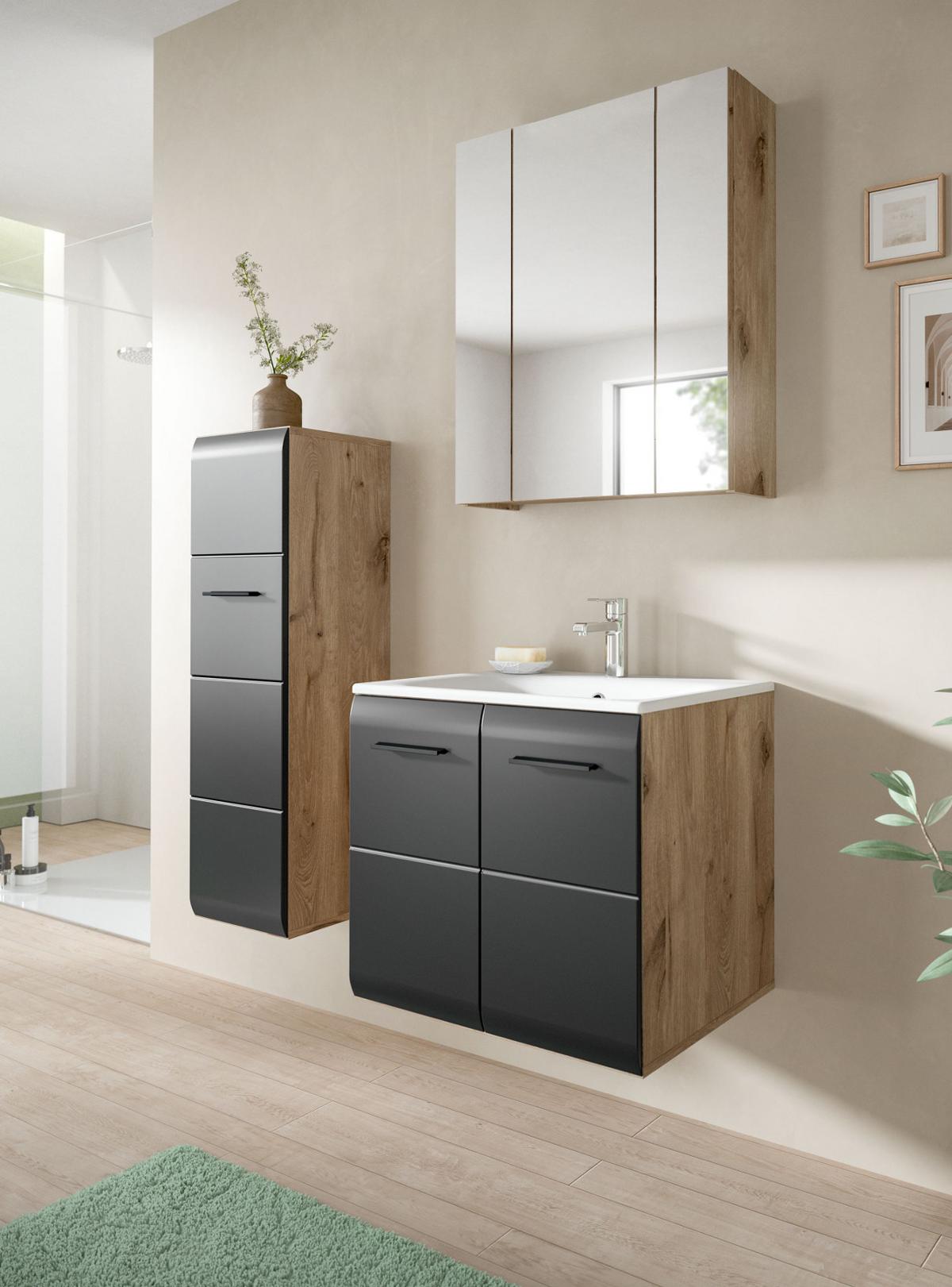 WASCHTISCH schwarz matt, Eiche Nox, Waschtischunterschrank hängend 60 cm mit Waschbecken - Eichefarben/Schwarz, Keramik/Holzwerkstoff (60/55/46cm) - Inn.Furn