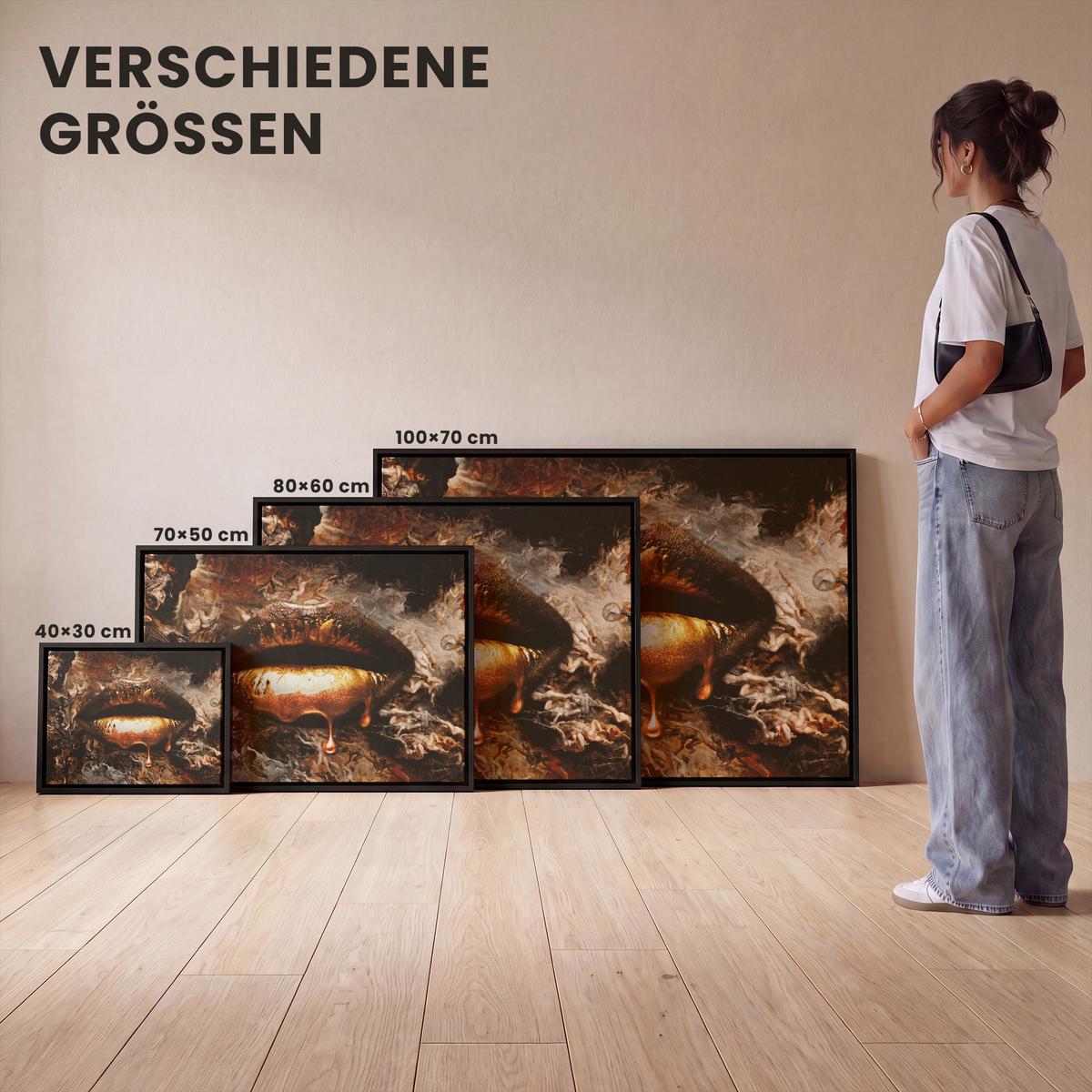 LEINWAND Bilder mit Rahmen - Gold - Lippen - Kunst - Gold - Luxus - Abstrakt - 40x30 - Kupferfarben, Textil (40/30cm) - MuchoWow