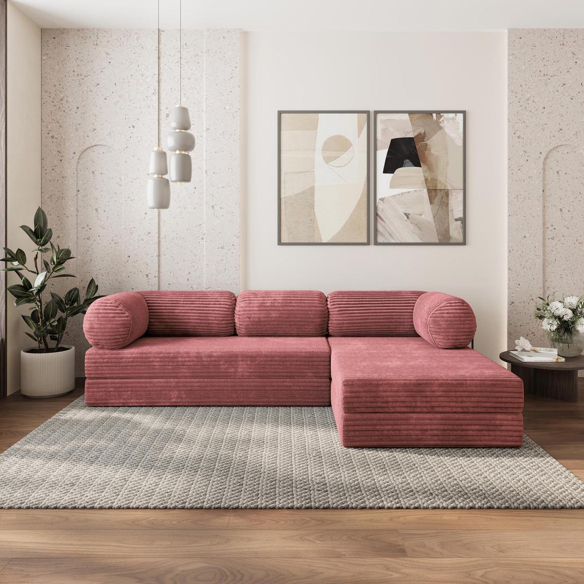 ECKSOFA ETERA modulares Boneless Sofa mit Schlaffunktion Rosa Kordstoff - Rosa, Textil (270/160cm) - MASSENO