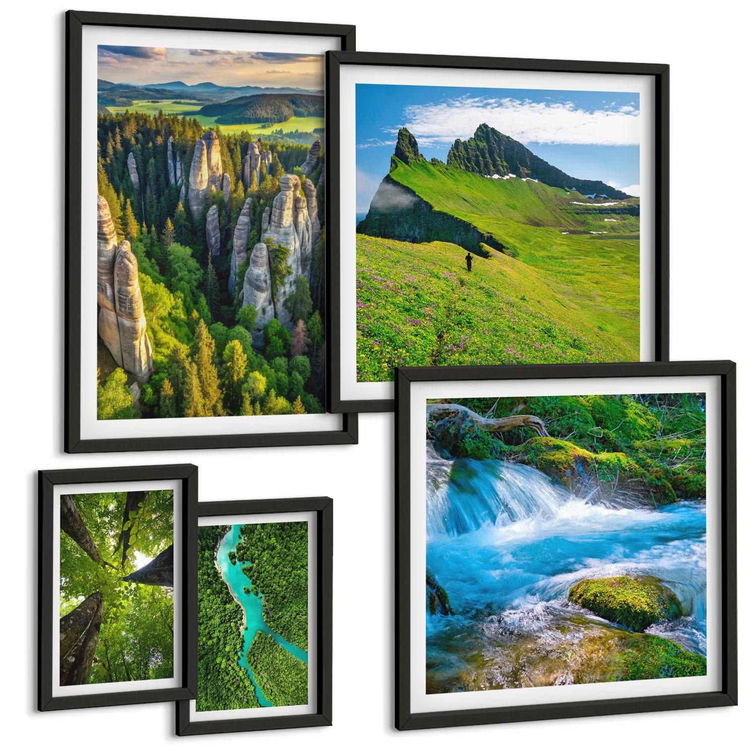 BILDER SET 5er Set - 50x50 cm & 20x30 cm & 40x60 cm Schwarzer Rahmen - Wasserfälle grüner Wald Wasser - Schwarz, Kunststoff (40/60cm) - TULUP