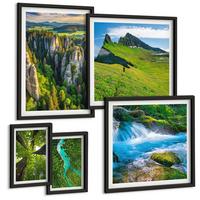 BILDER SET 5er Set - 50x50 cm & 20x30 cm & 40x60 cm Schwarzer Rahmen - Wasserfälle grüner Wald Wasser - Schwarz, Kunststoff (40/60cm) - TULUP