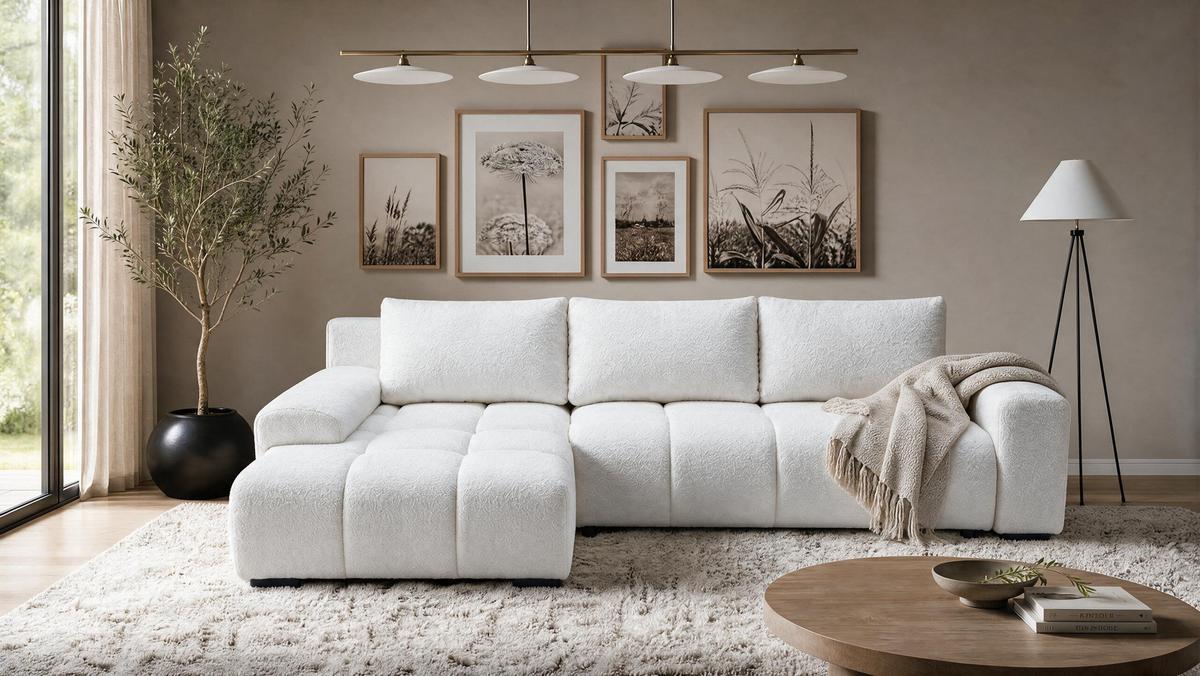 ECKSOFA Ovia mit Bettkasten und Schlaffunktion, Bouclé-Stoff in L-Form - Weiß, Textil (270/185cm)