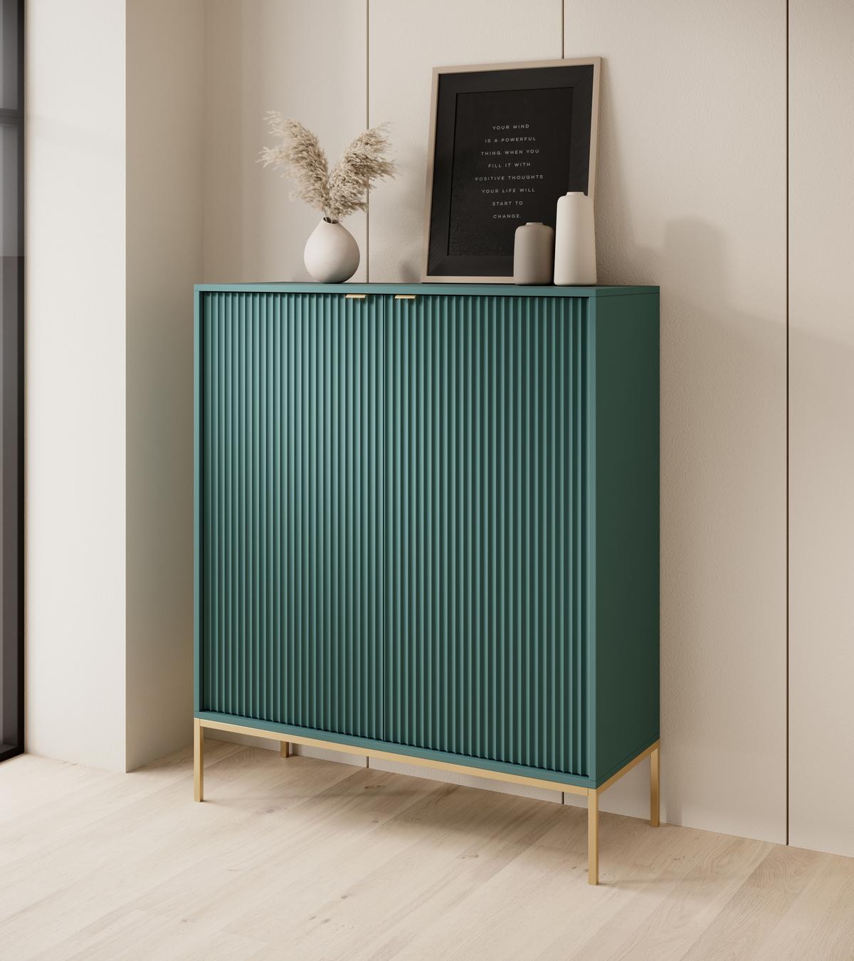 SIDEBOARD Eternas 2T Grün 104/125/39 cm – goldene Füße, mit geriffelten Fronten - Goldfarben/Grün, Holzwerkstoff (104/125/39cm) - AX Living