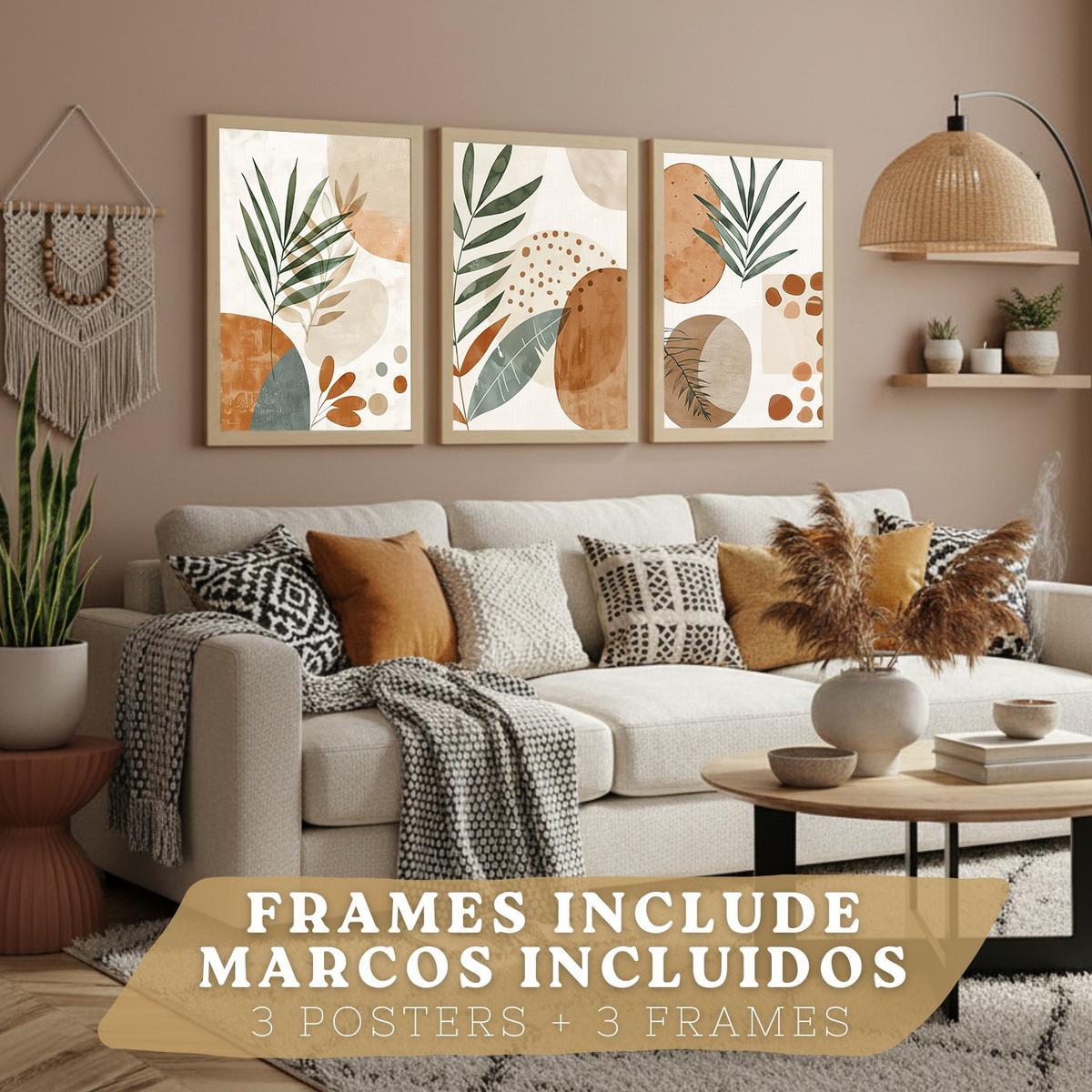POSTER 3er Kunstdruck-Set Wandbilder Floral Abstrakt modern Wohnzimmer Deko, Schlafzimmer, Küche, Badezimmer Leichter Holzrahmen A4 - Beige, Papier (29.7/1/21cm) - Nacnic
