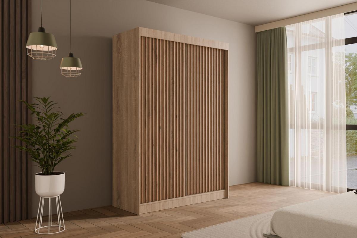 KLEIDERSCHRANK mit Lamel-Schiebetüren VILANv2 - 120 cm Sonoma Eiche + Lamelle Eiche Wotan - Eiche Wotan/Sonoma Eiche, Holzwerkstoff (120/215/61cm) - ALTDECOR