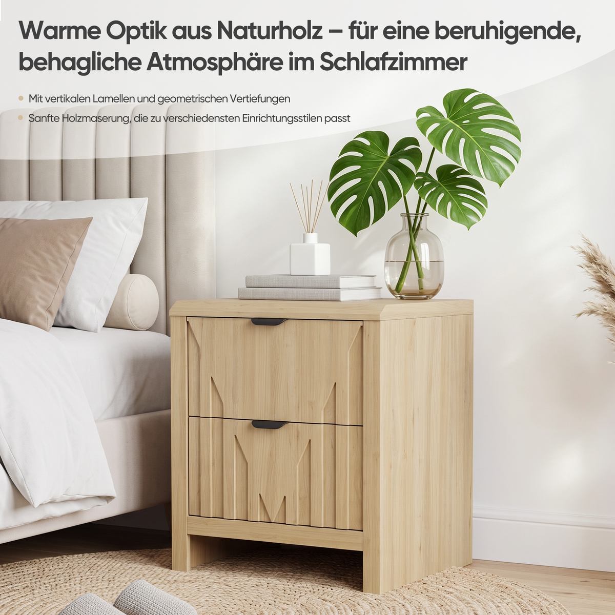 NACHTTISCH Eichenoptik mit 2 Schubladen Mid-Century Modern Metallgriffe - Eichefarben, Holzwerkstoff (48/55.5/40cm) - Urban Meuble