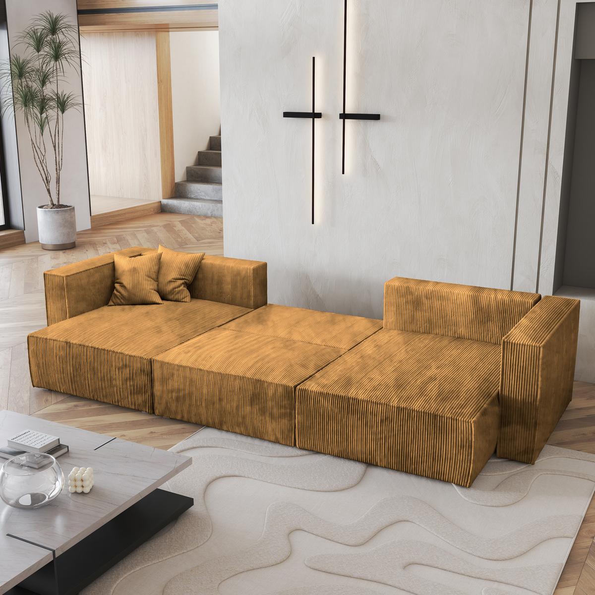WOHNLANDSCHAFT SARMO P Gelb Kordstoff mit Schlaffunktion - Gelb/Grau, Holz/Kunststoff (347/70/148cm) - MASSENO
