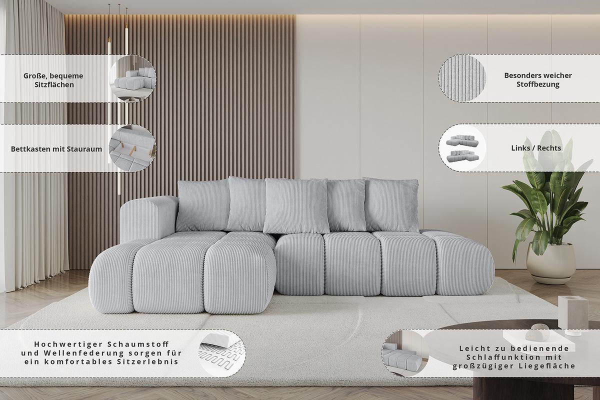 ECKSOFA Ottomane Links CLOUD-L-v1 280x185x90 Schwarz Velours - Schwarz, Holzwerkstoff/Kunststoff (180/289cm) - ALTDECOR