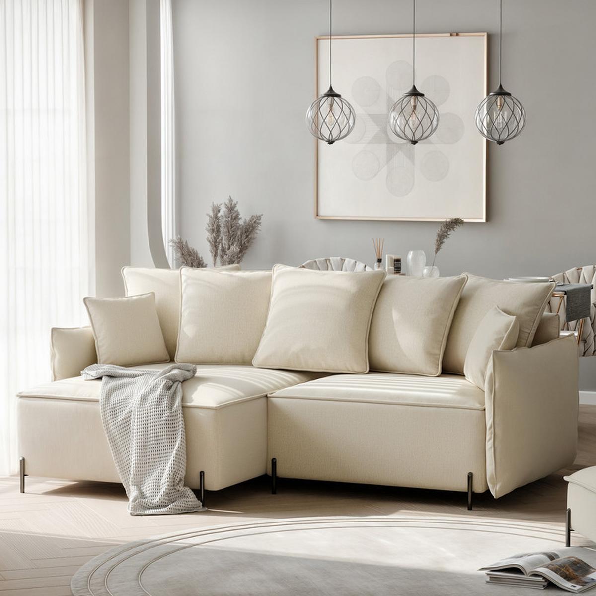 ECKSOFA MARCO Links, mit Schlaffunktion und Bettkasten, Creme - Creme, Textil/Metall (221/148cm) - Idohome