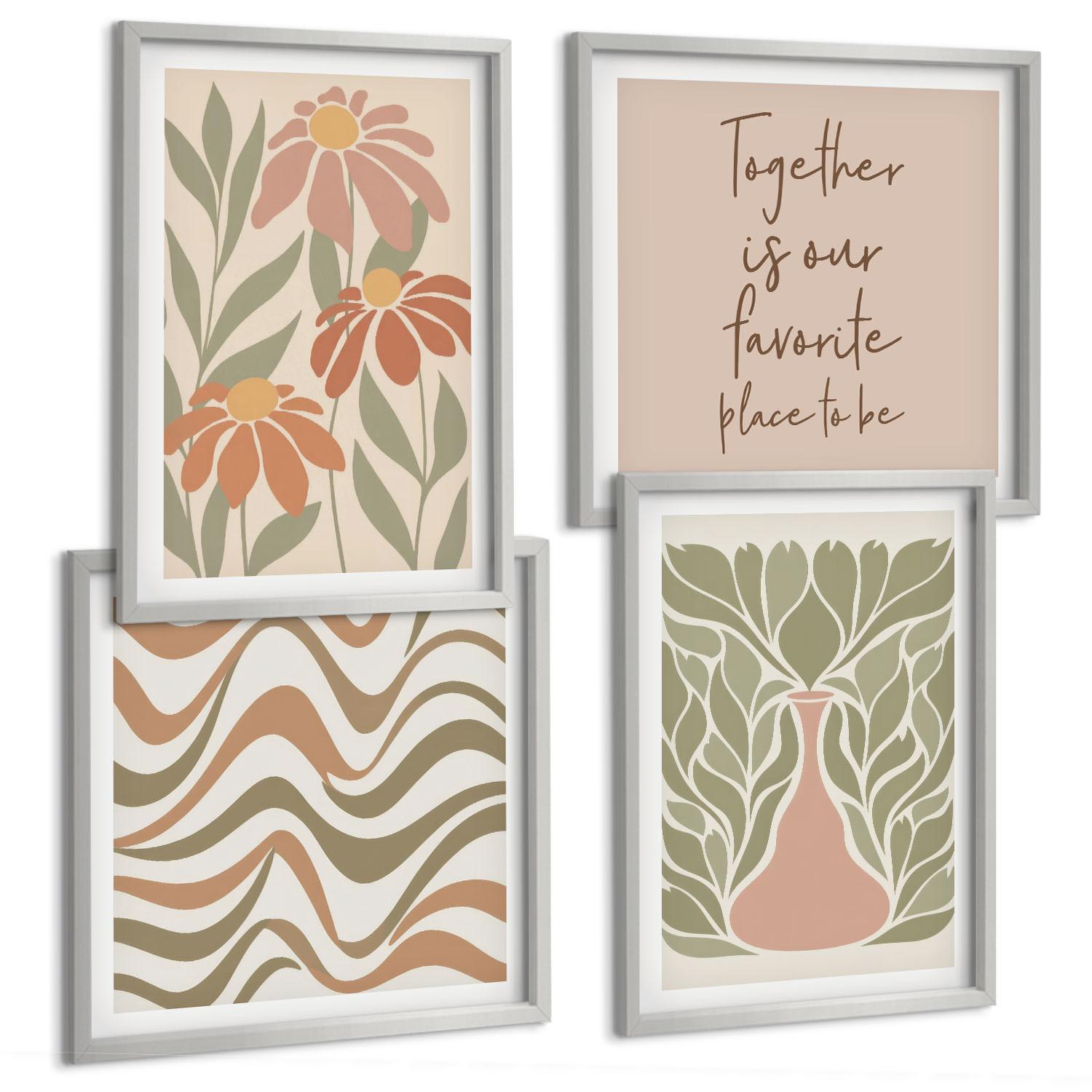 BILDER SET 4er Set - 50x50 cm & 40x60 cm Silberner Rahmen - Abstrakte Pastellblumen - Silberfarben, Kunststoff (50/50cm) - TULUP
