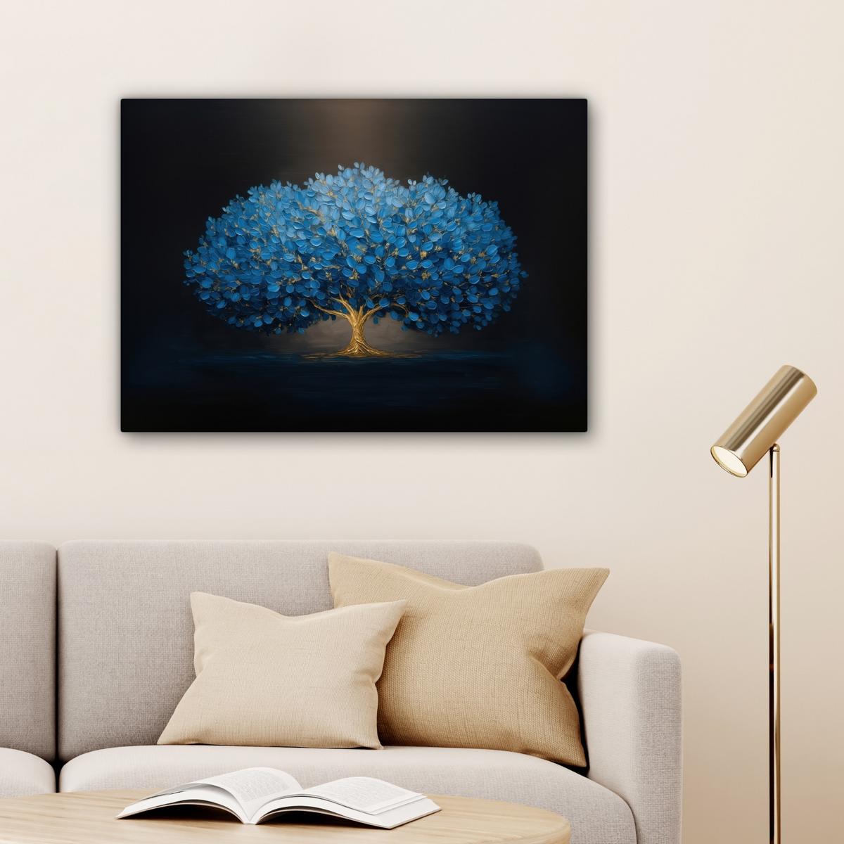 LEINWANDBILD Baum - Blau - Blätter - Pinselstriche Wandbilder 80x60 cm - Blau, Textil (80/60cm) - MuchoWow