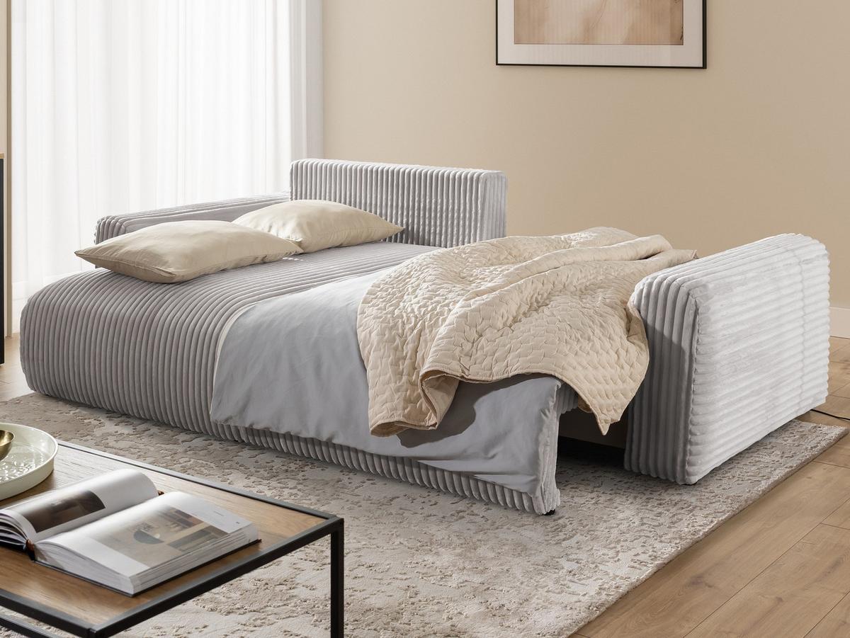 ECKSOFA Calma mit Schlaffunktion und Bettkasten im Bumpy-Design aus weichem Hellgrau Plüschcord - Ottomane links - Hellgrau/Schwarz, Holz/Kunststoff (239/140cm) - S-Style