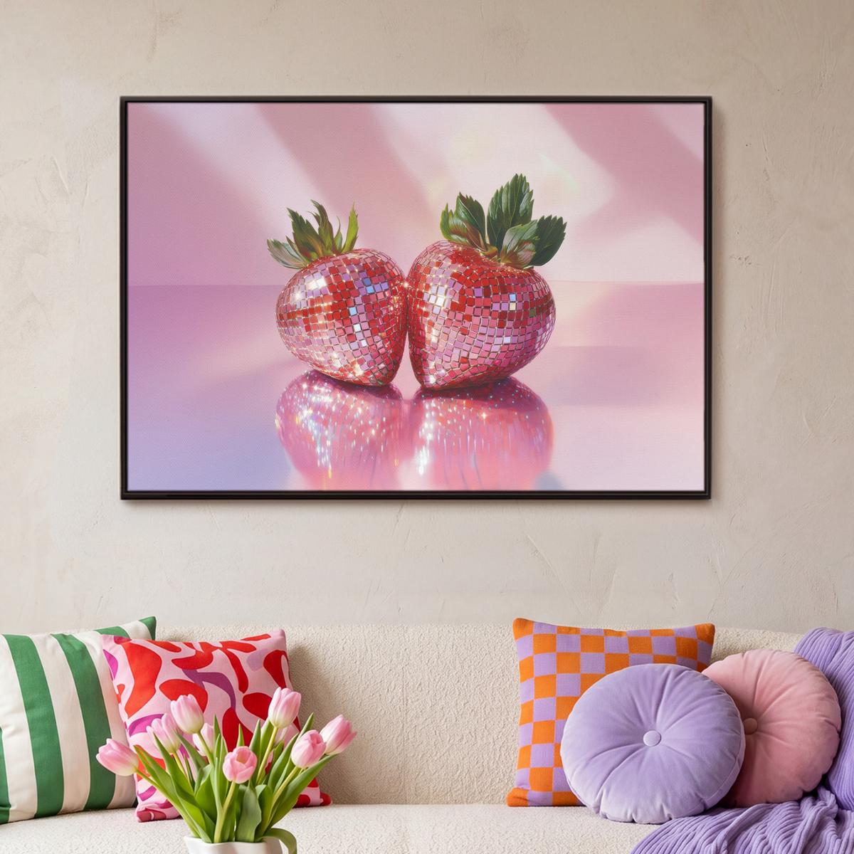 LEINWAND Bilder mit Rahmen - Disco - Obst - Glitzer - Erdbeere - 90x60 - Pink, Textil (90/60cm) - MuchoWow