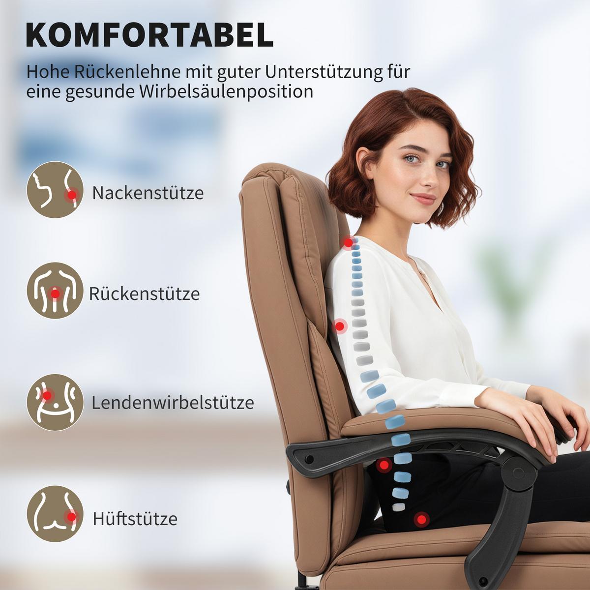 BÜROSTUHL Kunstleder Mehrschichtenplatte Braun - Schwarz/Braun, Leder/Kunststoff (65/119/67cm) - HOMCOM