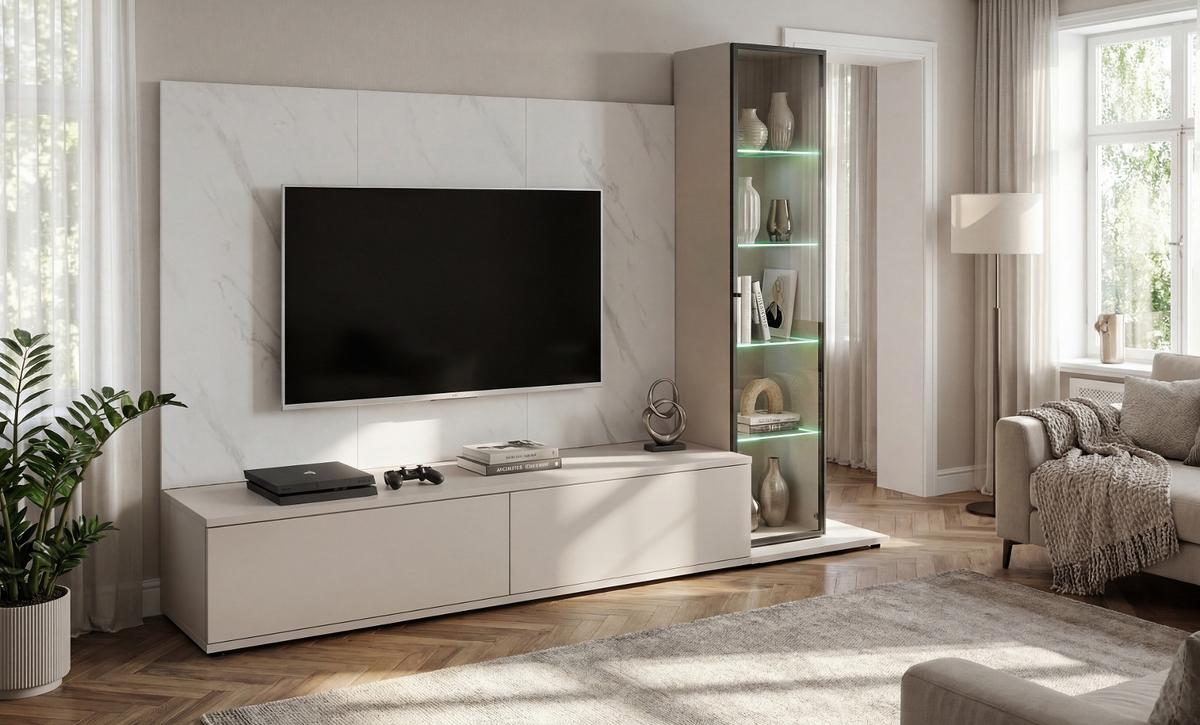 WOHNWAND kaschmir, Marmor weiß 240 cm, Schrankwand mit Wandpaneel, Beleuchtung, Push-to-Open - Kaschmir/Schwarz, Glas/Holzwerkstoff (240/175/45cm) - Inn.Furn