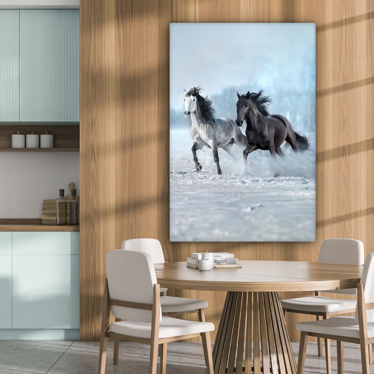 LEINWANDBILD Pferde - Winter - Tiere - Natur - Schnee Deko Groß 90x140 cm - Anthrazit, Textil (90/140cm) - MuchoWow