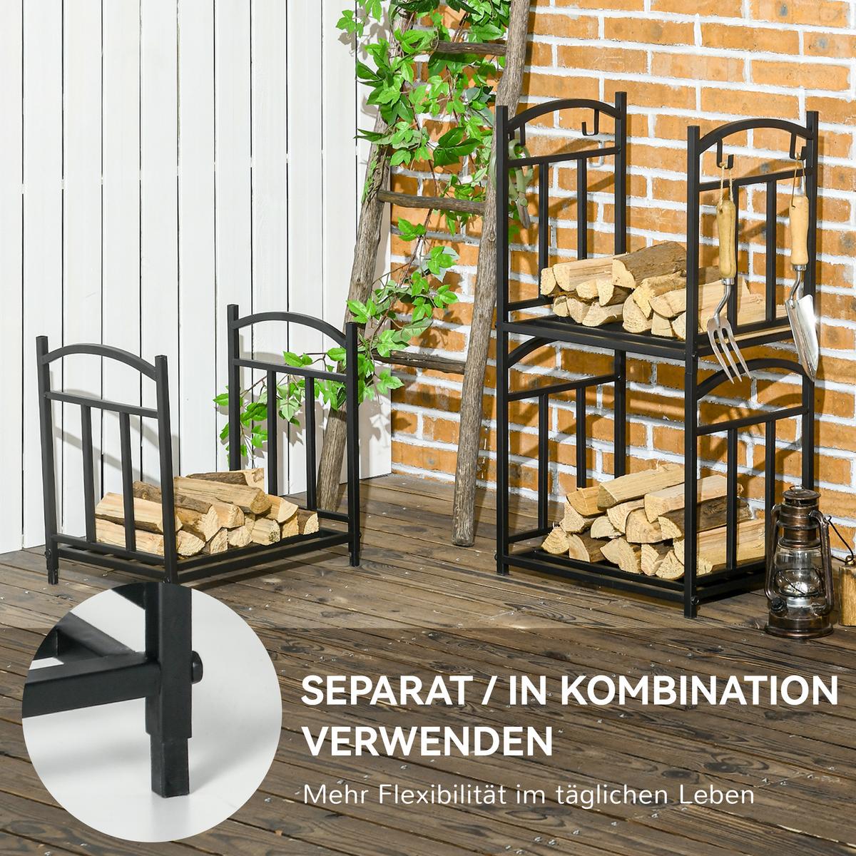 KAMINHOLZREGAL für innen 46 x 32 x 126 cm 3 Ebenen Brennholzregal mit 4 Haken - Schwarz, Metall (32/126/46cm) - Outsunny
