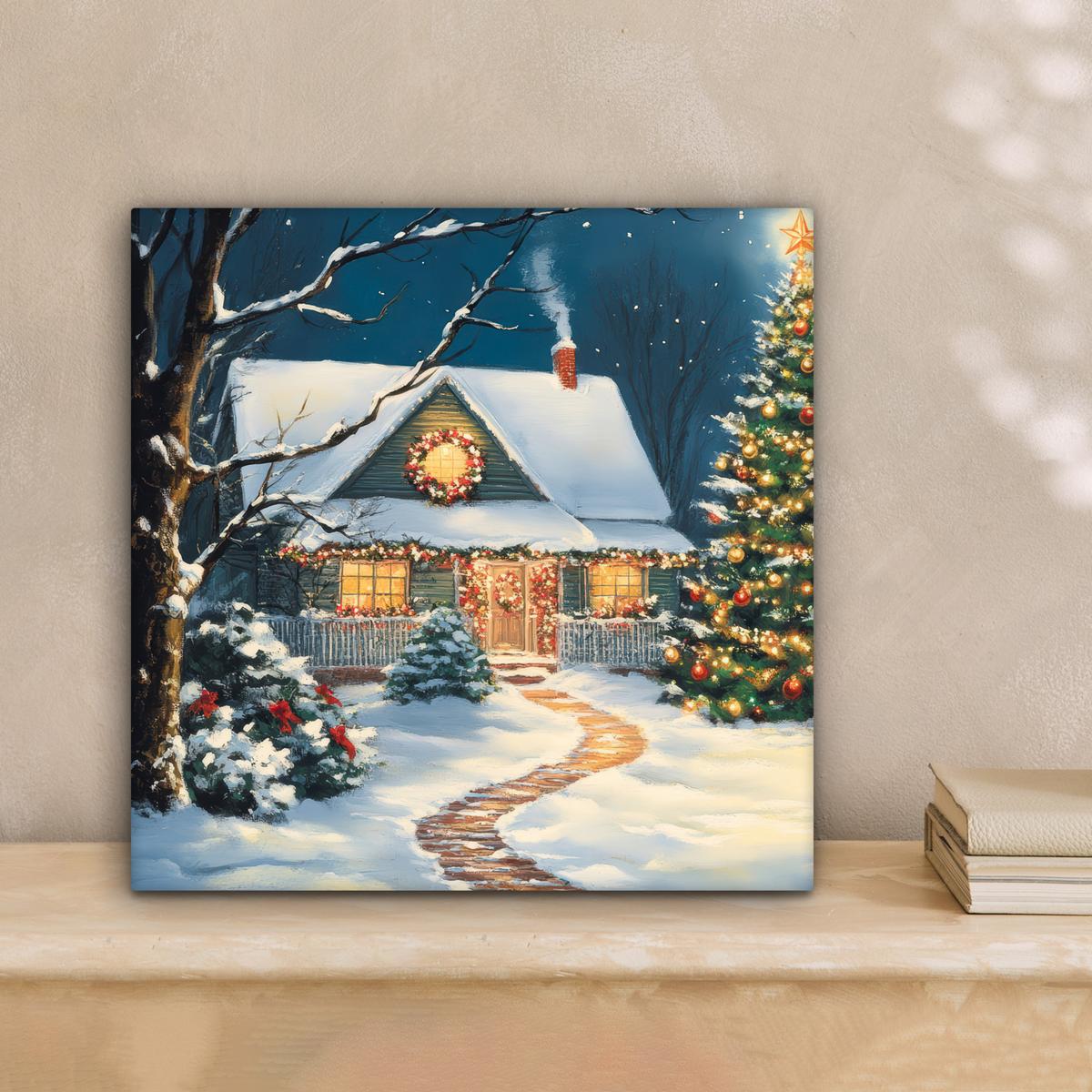LEINWANDBILD Weihnachten - Weihnachtsbaum - Winter - Zuhause - Schnee Deko Wohnzimmer 20x20 cm - Smaragdgrün, Textil (20/20cm) - MuchoWow