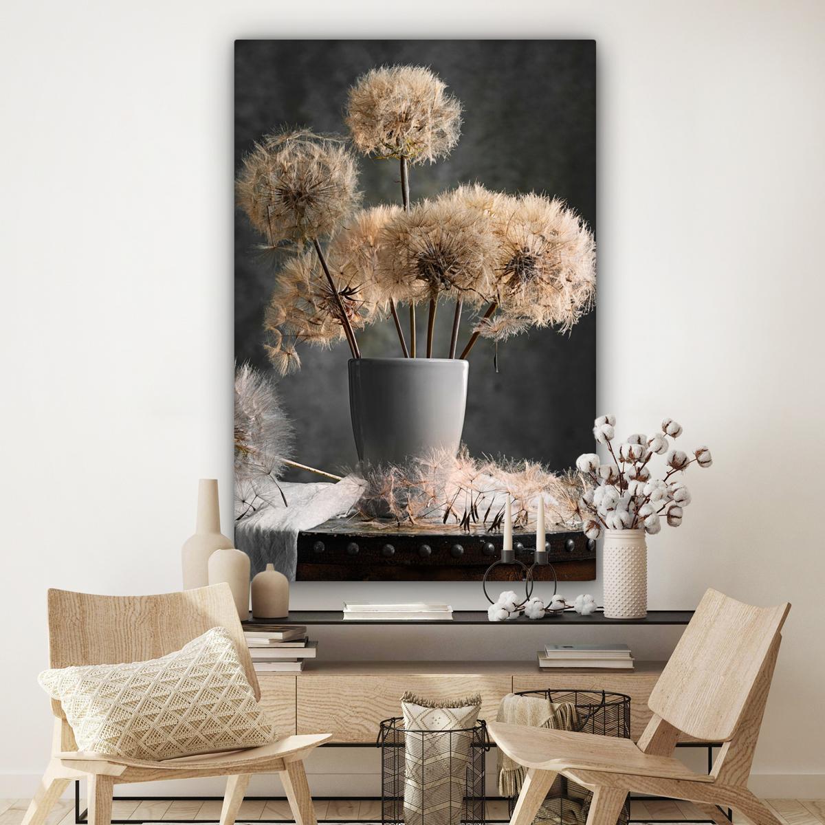 LEINWANDBILD Blumensamen - Löwenzahn - Vase - Stilleben - Blumenstrauß Deko Groß 90x140 cm - Dunkelgrau, Textil (90/140cm) - MuchoWow