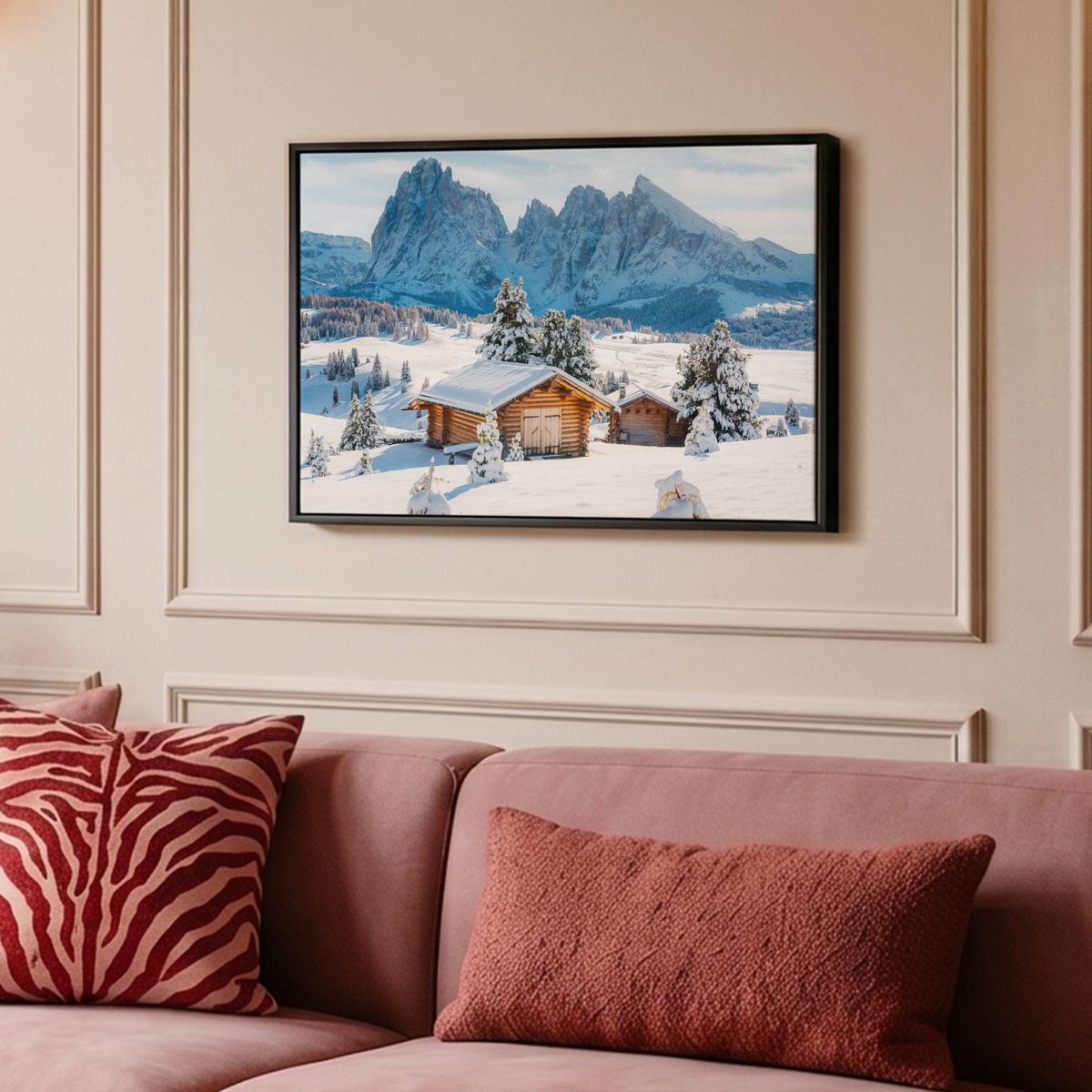 LEINWAND Bilder mit Rahmen - Winter - Hütte - Berge - Aussicht - Schnee - 60x40 - Eichefarben, Textil (60/40cm) - MuchoWow