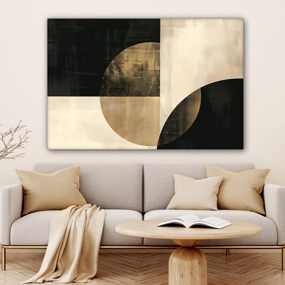 LEINWANDBILD Abstrakt - Geometrische Formen - Schwarz - Gold Groß 140x90 cm - Ecru, Textil (140/90cm) - MuchoWow