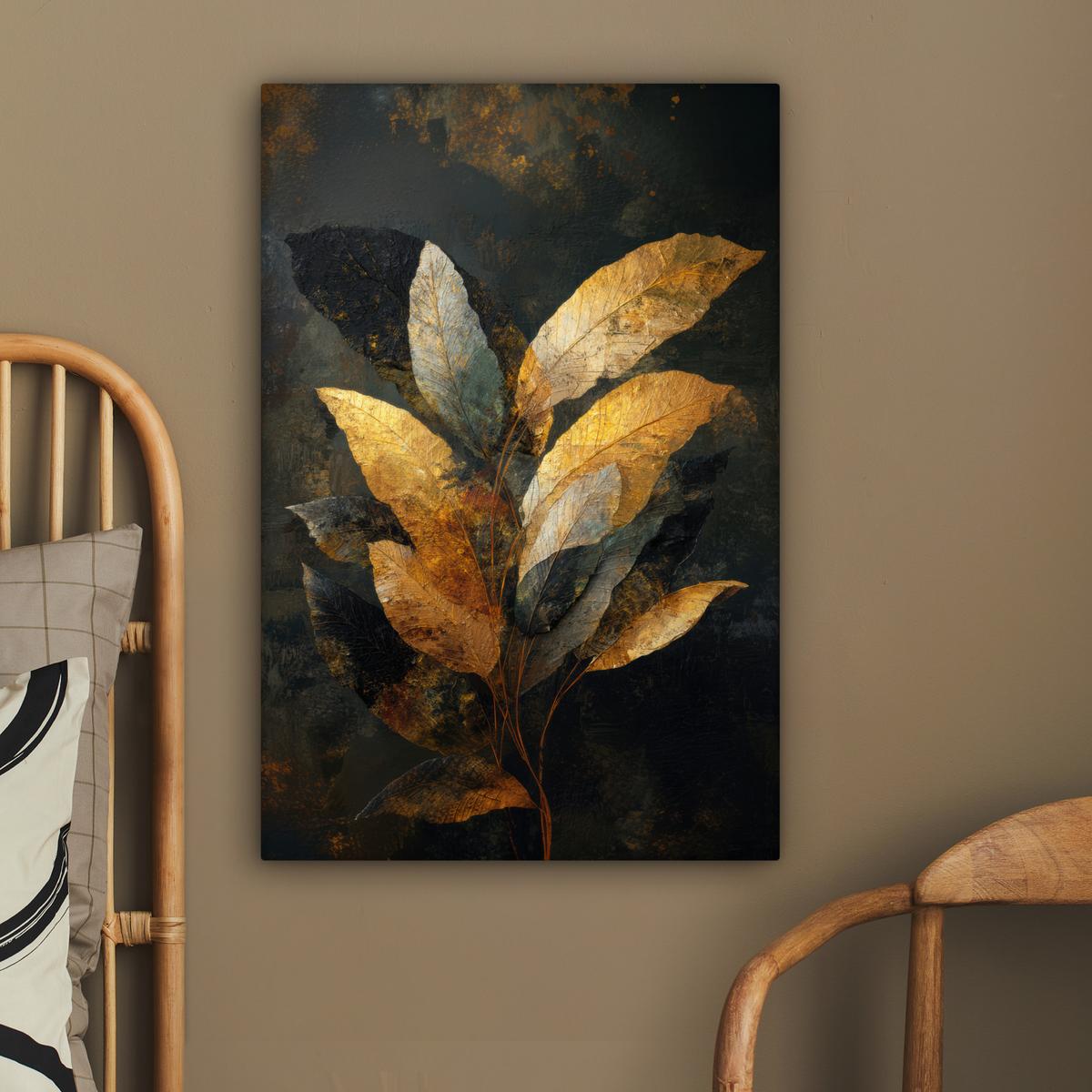 LEINWANDBILD Golden Leaf Komposition - Botanical Luxury Wanddeko 40x60 cm - Goldfarben/Schwarz, Textil (40/60cm) - MuchoWow