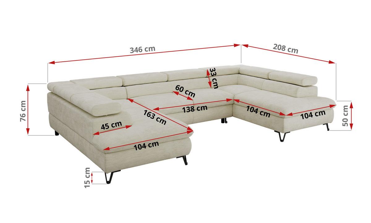 WOHNLANDSCHAFT PABLO U Schenille glatt Creme - Creme/Schwarz, Textil/Metall (346/76/208cm) - MKS