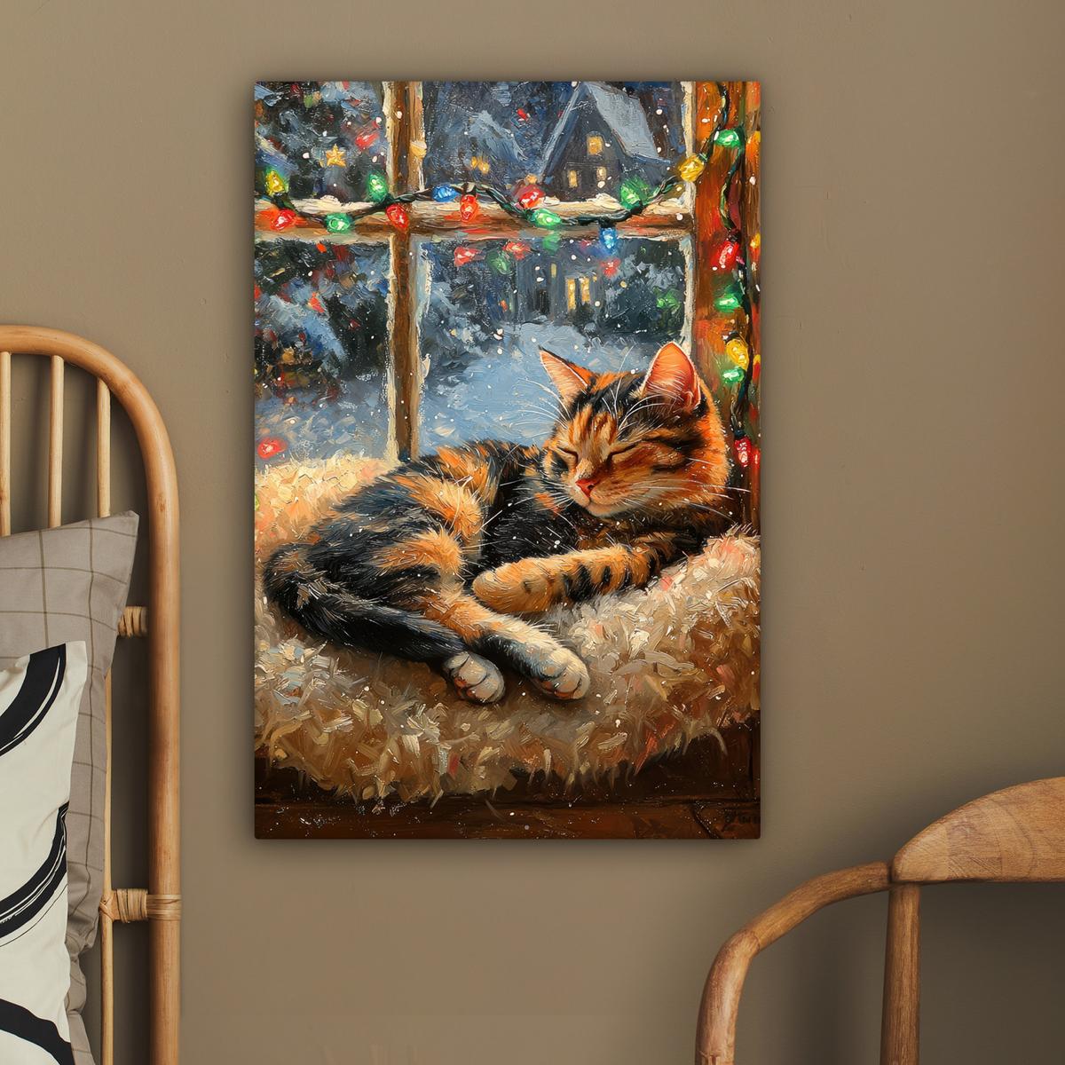 LEINWANDBILD Katze - Weihnachten - Winter - Tier Wanddeko Schlafzimmer 60x90 cm - Bernsteinfarben, Textil (60/90cm) - MuchoWow