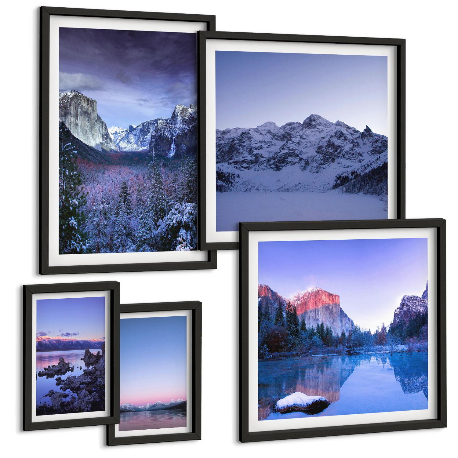 BILDER SET 5er Set - 50x50 cm & 20x30 cm & 40x60 cm Schwarzer Rahmen - Berglandschaften, Sonnenuntergang, Wasser - Schwarz, Kunststoff (40/60cm) - TULUP