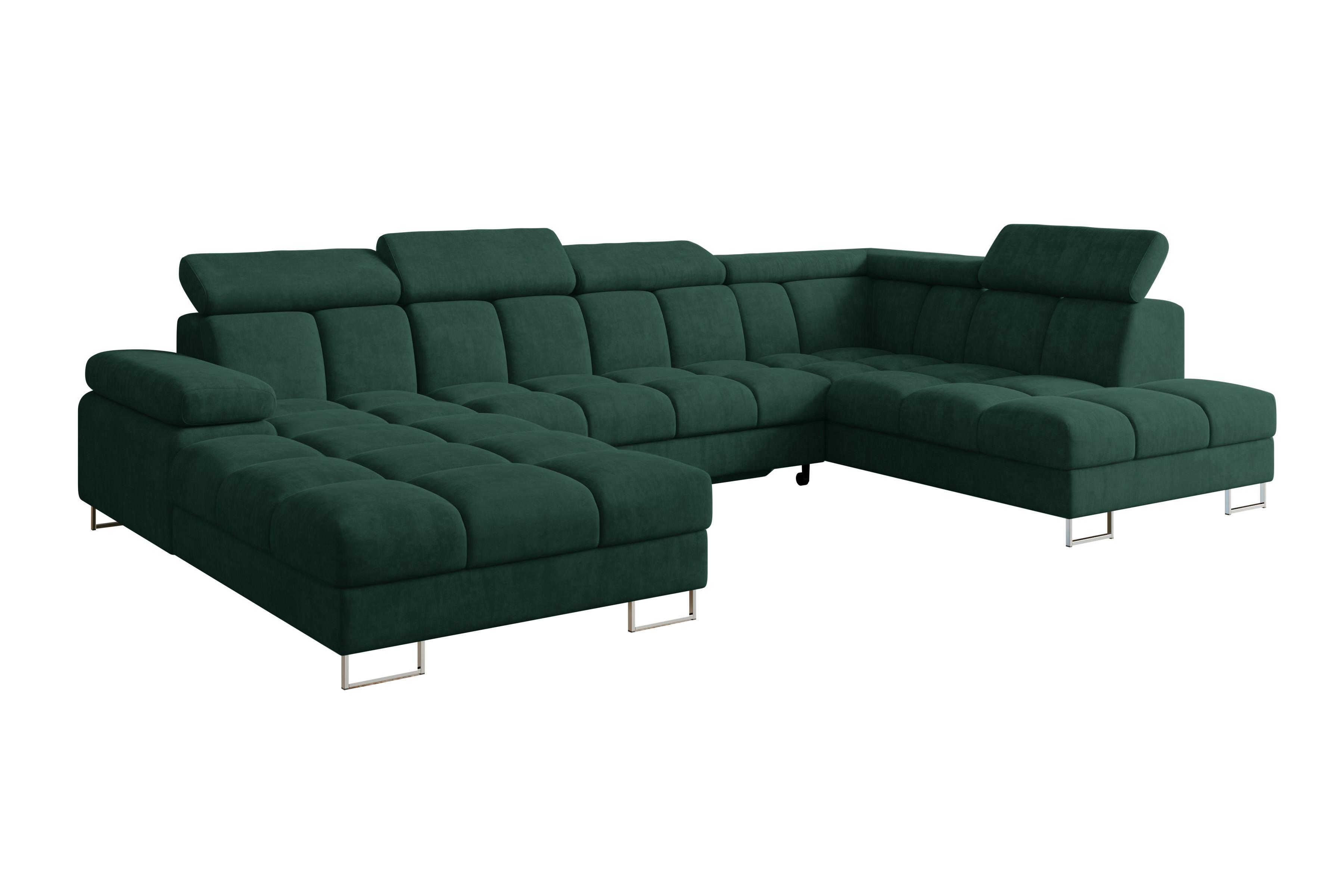 WOHNLANDSCHAFT mit Schlaffunktion und Bettkasten Ottomane RECHTS COMA U 345x203x79 Grün Velours - Grün, Holzwerkstoff/Textil (203/79/345cm) - ALTDECOR