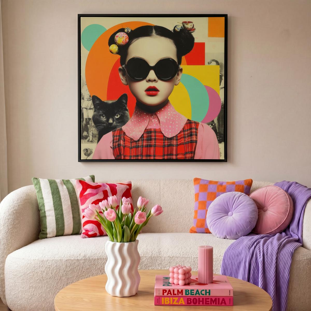 LEINWAND Bilder mit Rahmen - Mädchen - Sonnenbrille - Katze - Retro - 90x90 - Beige, Textil (90/90cm) - MuchoWow
