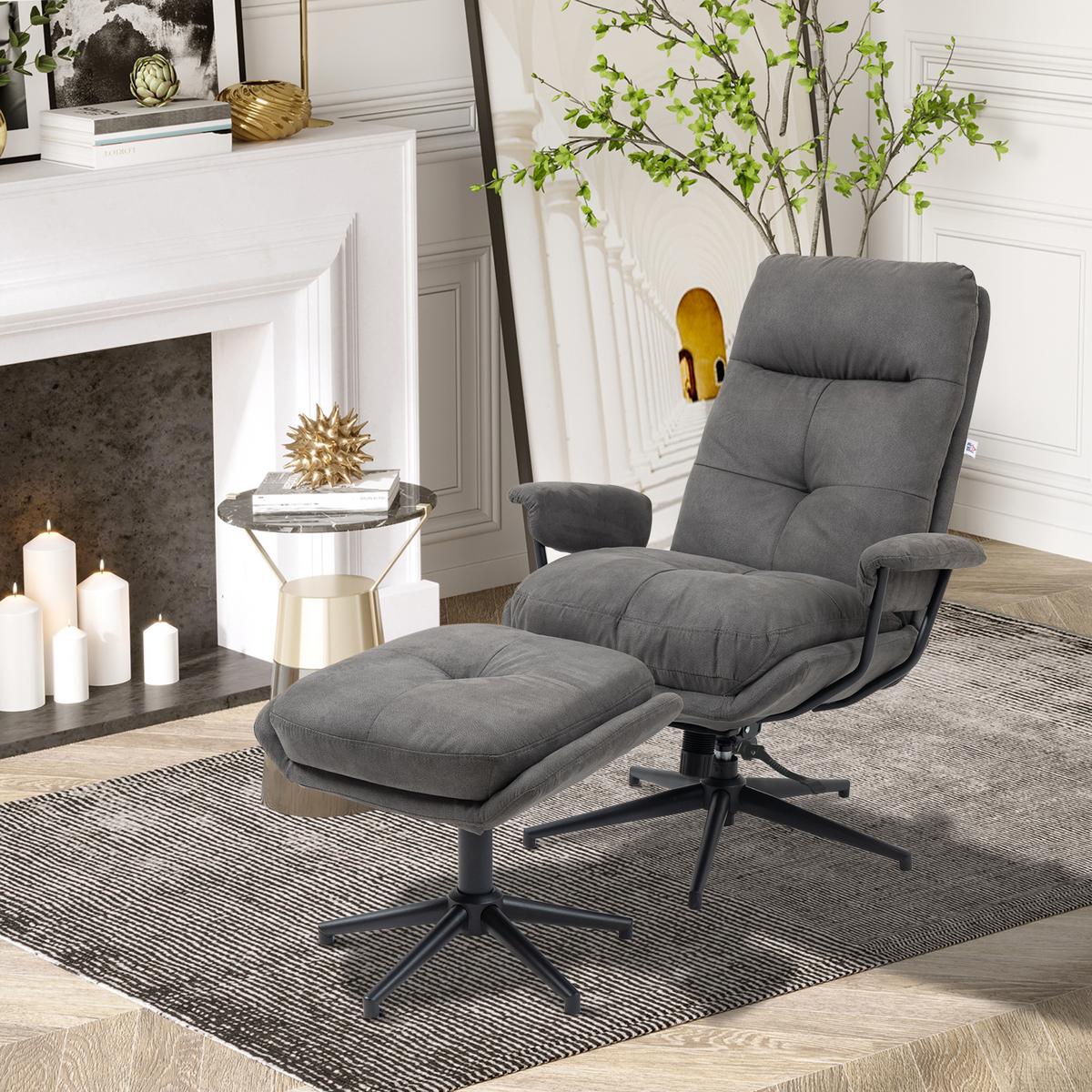 RELAXSESSEL mit Hocker, Drehbarem Fuß Fernsehsessel mit Liegefunktion Polyester - Dunkelgrau, Metall (91/103.5/78cm) - HOMCOM