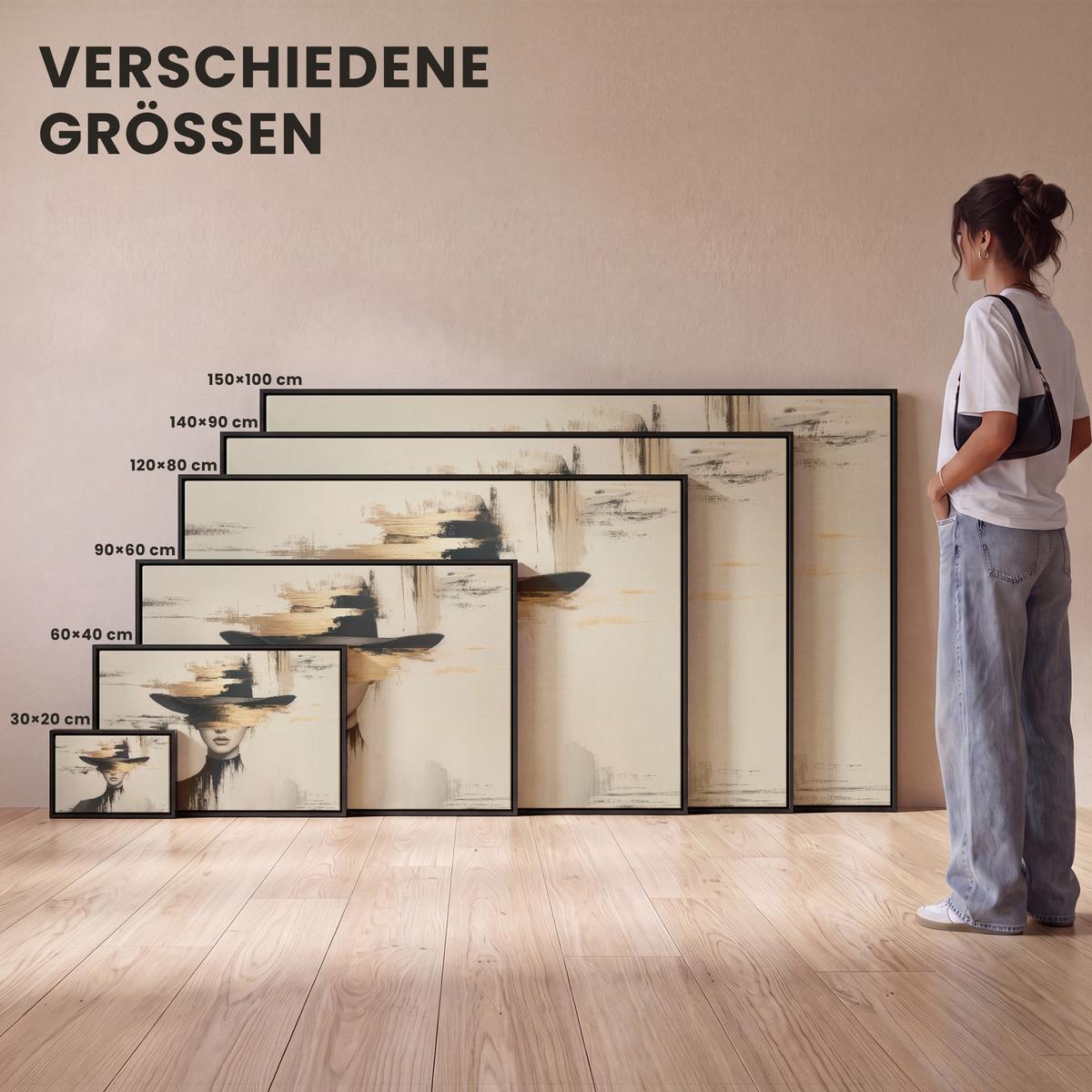 LEINWAND Bilder mit Rahmen - Frau - Hut - Farbe - 120x80 - Goldfarben, Textil (120/80cm) - MuchoWow
