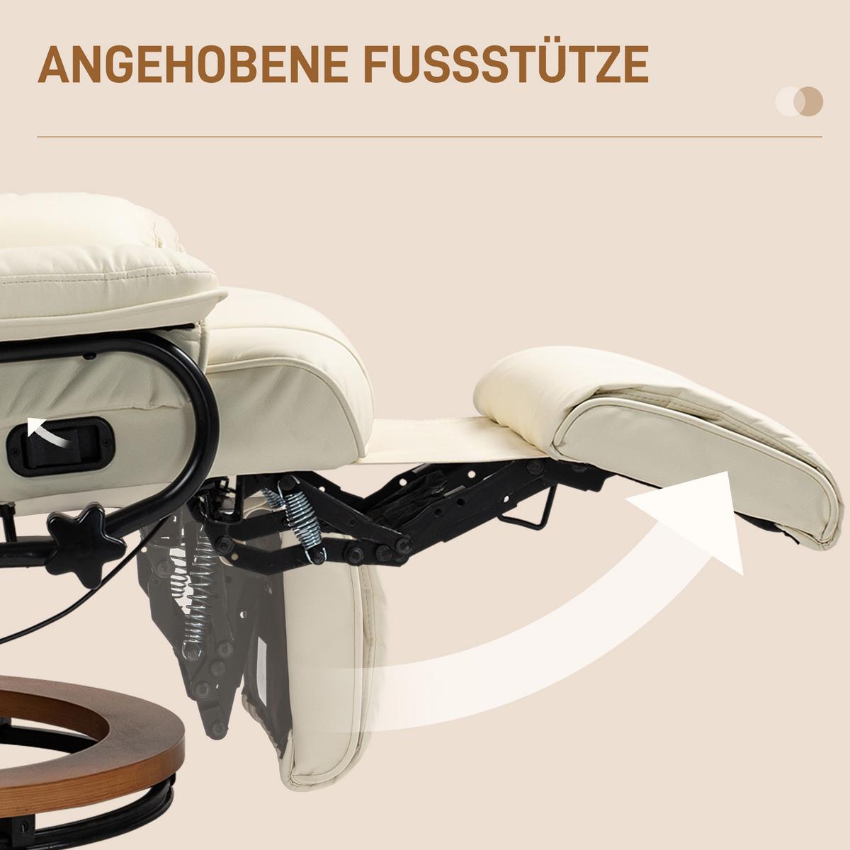 RELAXSESSEL Drehbar Fernsehsessel mit Liegefunktion, Fußstütze, Cremeweiß - Creme, Leder/Holzwerkstoff (88/103/78cm) - HOMCOM