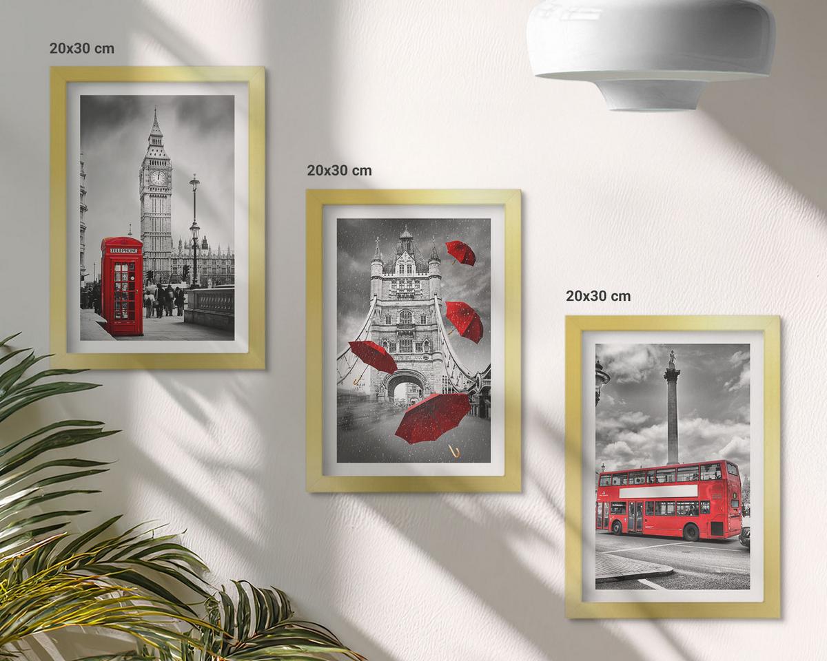 BILDER SET 3er Set - 20x30 cm Goldrahmen - Roter Regenschirmstand und Londoner Bus - Goldfarben, Kunststoff (20/30cm) - TULUP