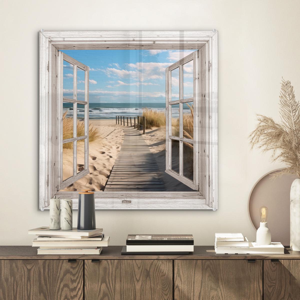 ACRYLGLASBILD Fenster - Meer - Küste - Natur - Ausblick - Strand - Wattenmeer 50x50 cm - Beige, Glas (50/50cm) - MuchoWow