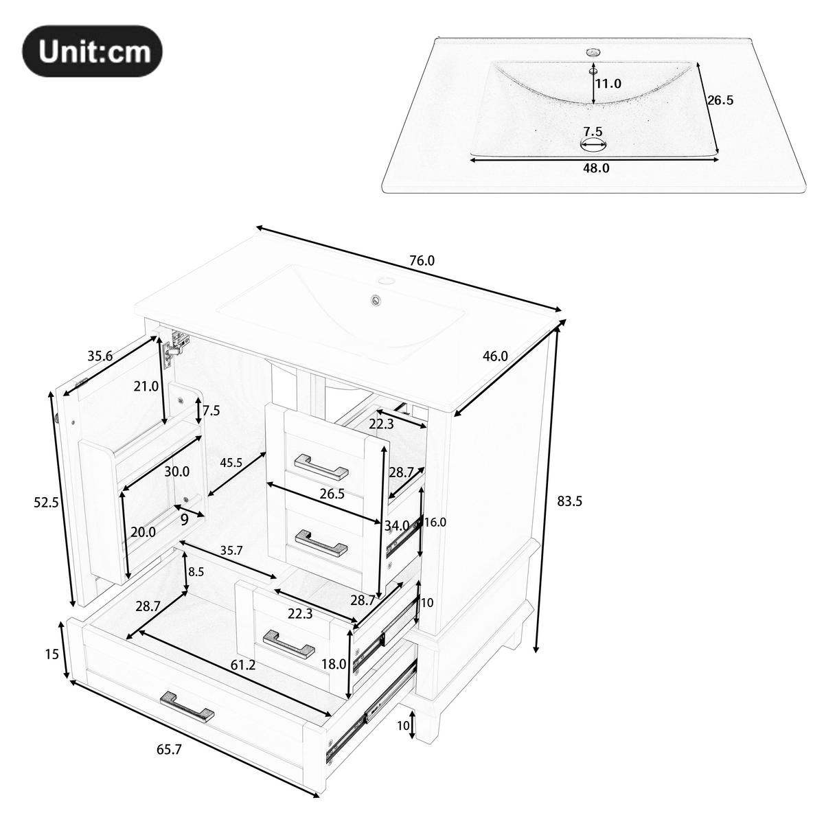 WASCHTISCHKOMBI Grau freistehend mit Keramikbecken & 3 Schubladen - Grau, Keramik/Holzwerkstoff (76/83/46cm) - Urban Meuble