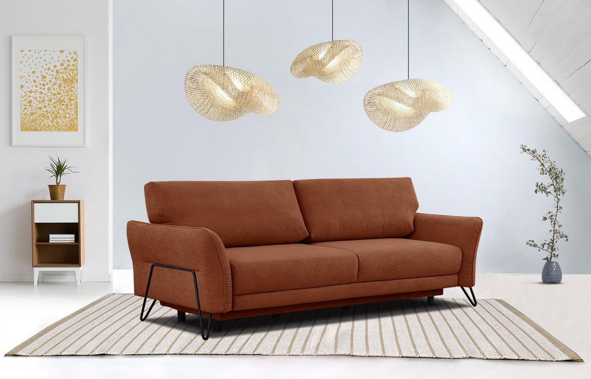 SOFA LOREM 3-Sitzer mit Schlaffunktion, dunkelorange - Dunkelorange/Schwarz, Holz/Textil (232/90/107cm) - Wozimo