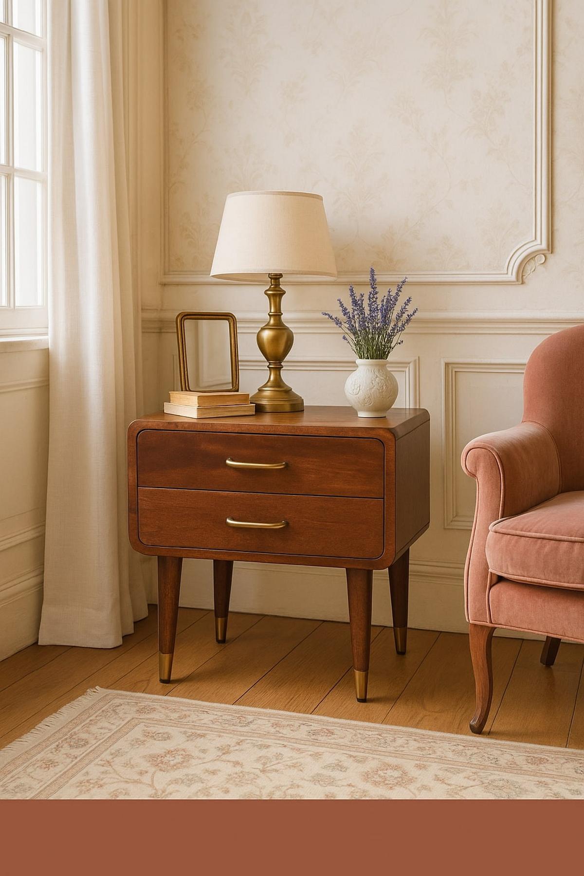 NACHTKASTEN Astor, 2 Schubladen, Dunkelbraun - Rotbraun/Messingfarben, Holz/Metall (45/55/35cm) - Artisan Furniture