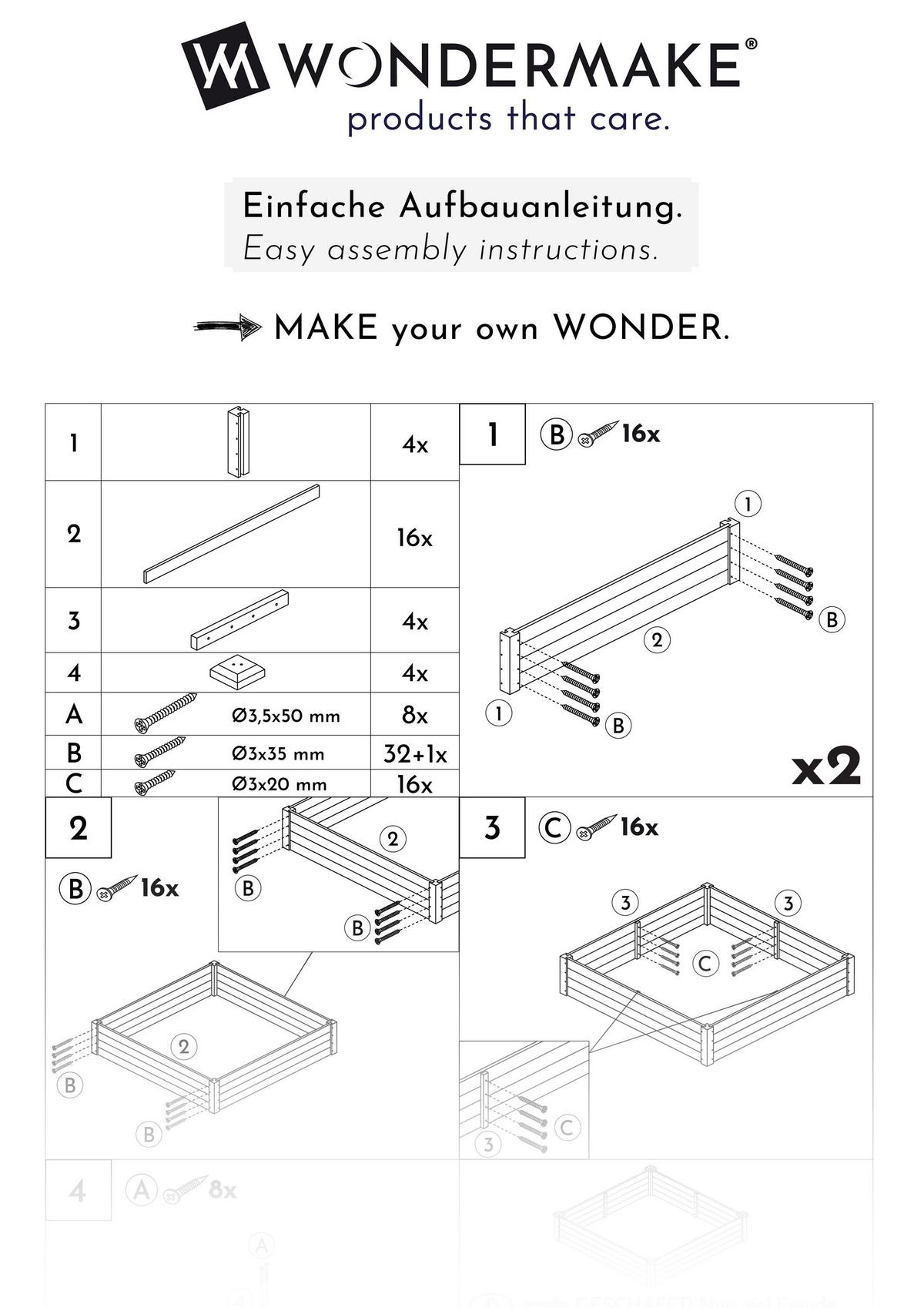 HOCHBEET-UMRANDUNG aus Holz für Garten, quadratisch - Weiß, Holz (120/26.5/120cm) - WONDERMAKE