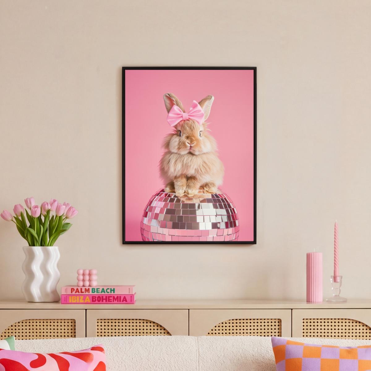 LEINWAND Bilder mit Rahmen - Schleife - Discoball - Kaninchen - 60x80 - Pink, Textil (60/80cm) - MuchoWow