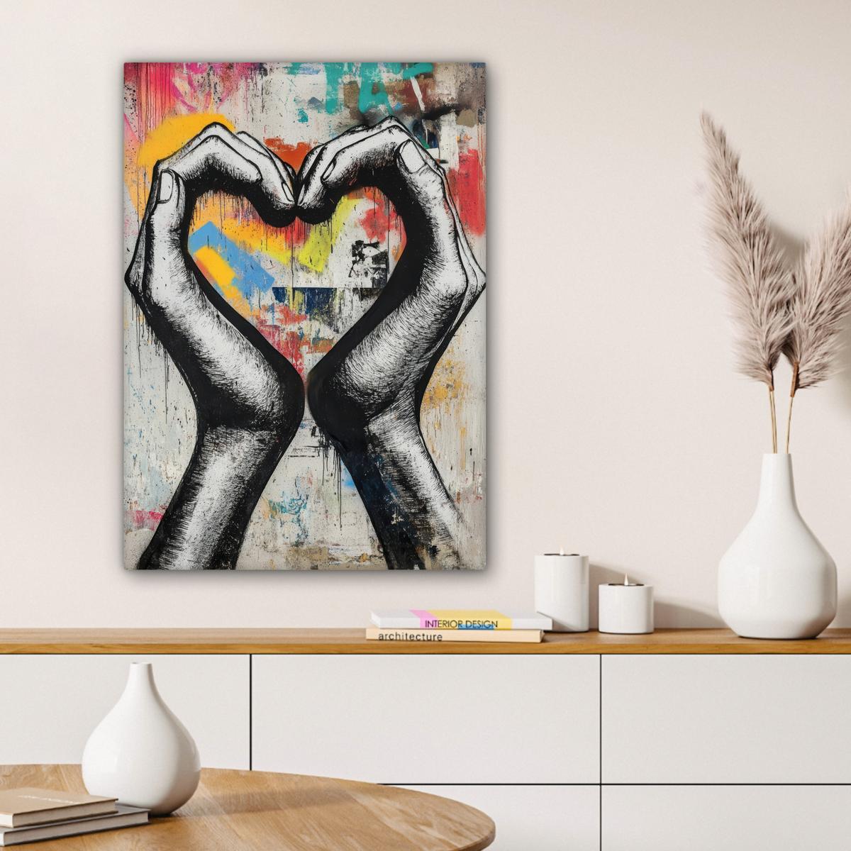 LEINWANDBILD Hände - Herz - Straßenkunst - Graffiti Wandbild Wohnzimmer 60x80 cm - Multicolor, Textil (60/80cm) - MuchoWow