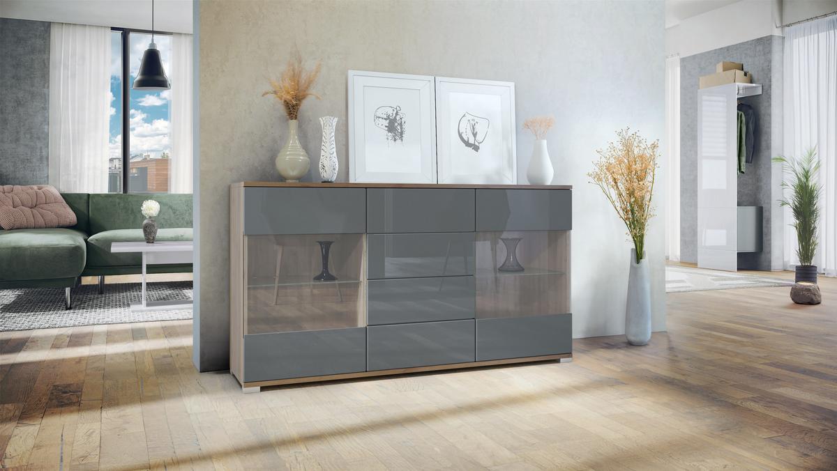 SIDEBOARD Bari Grau Hochglanz - Grau, Holzwerkstoff (138.5/75.5/35cm) - Vladon