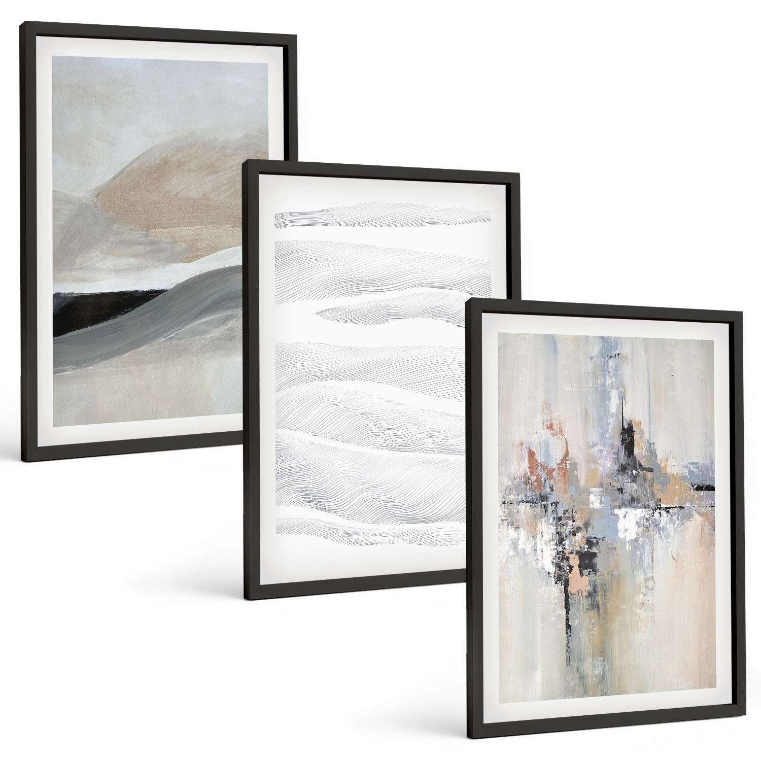BILDER SET 3er Set - 40x60 cm Schwarzer Rahmen - Abstrakte Erdmuster - Schwarz, Kunststoff (40/60cm) - TULUP
