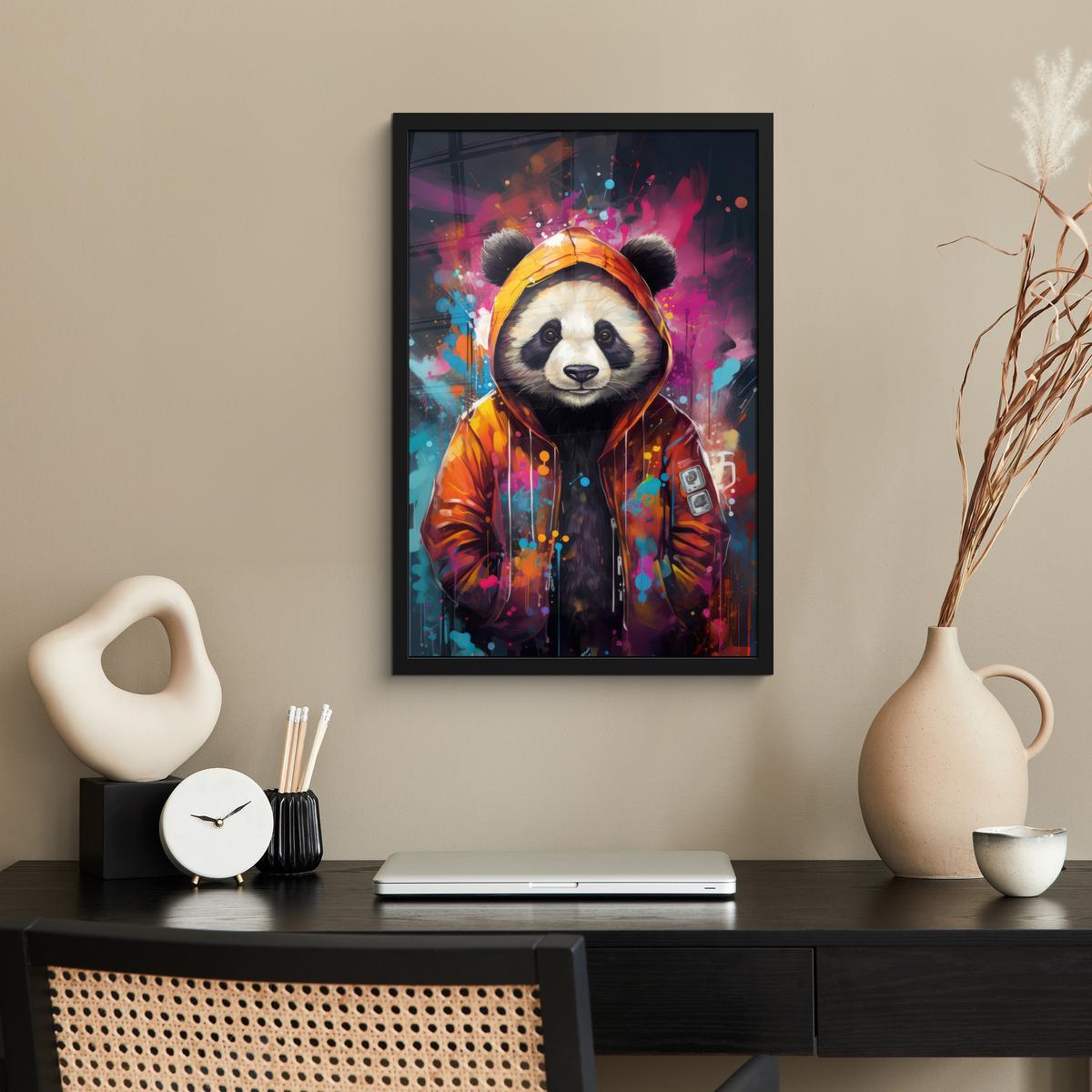 POSTER MIT RAHMEN Panda - Jacke - Graffiti - Orange Bilder mit Rahmen 40x60 cm - Orange, Papier (40/60cm) - MuchoWow
