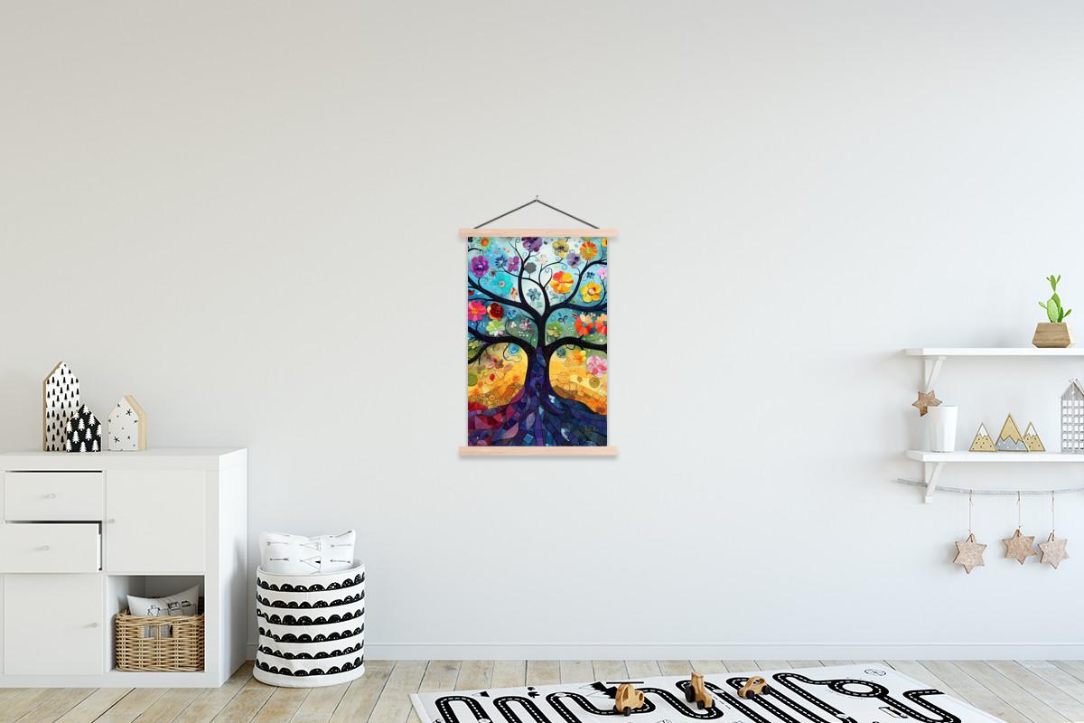 POSTER MIT MAGNETLEISTEN Kunst - Baum des Lebens - Blumen - Hippie Wandbild Schlafzimmer 60x90 cm - Dunkelblau, Textil (60/90/0.15cm) - MuchoWow