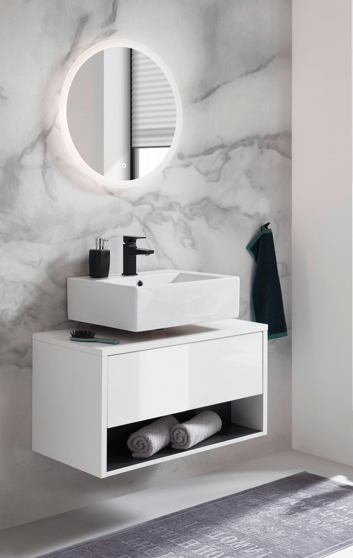 BADMÖBEL-SET weiß Hochglanz, grau, Badezimmer Set inklusive LED Beleuchtung, Breite 80 cm - Weiß Hochglanz/Grau, Glas/Holzwerkstoff (80/190/46cm) - Furn.Design